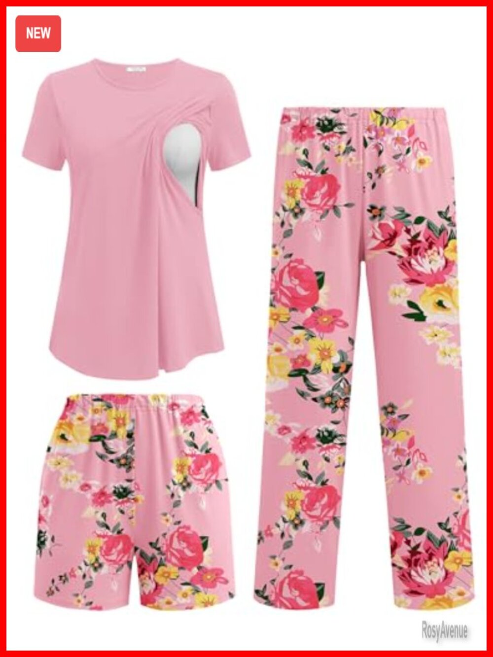 3 Piece Maternity Nursing Pajama Set with Adjustable Waistbands